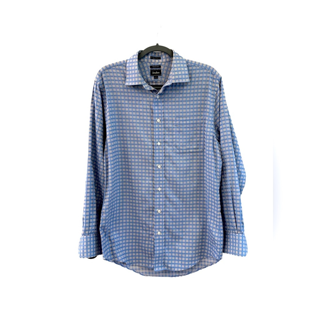 Neiman Marcus Trim Fit 16 34/35 80’s 2-Ply 100% Cotton Blue Windowpane Shirt